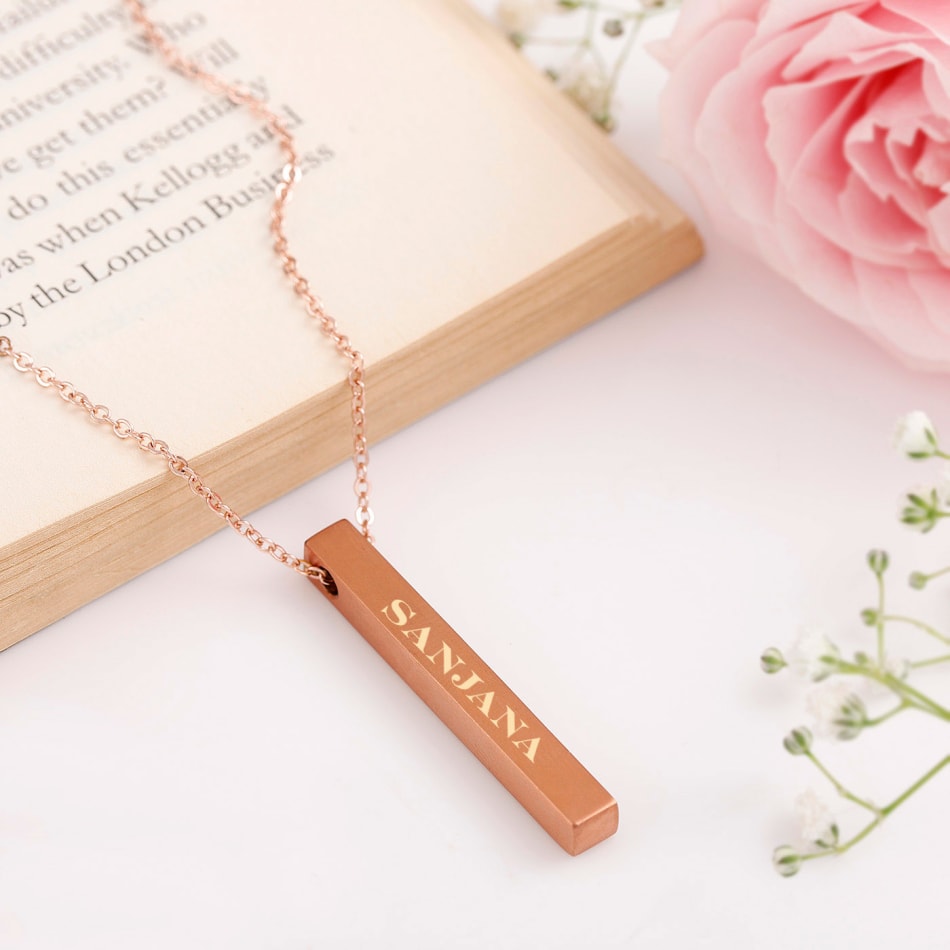 Rose Gold Personalized Laser Engraved Name Plate Bar Chain Necklace  Engraving Pendant 1009