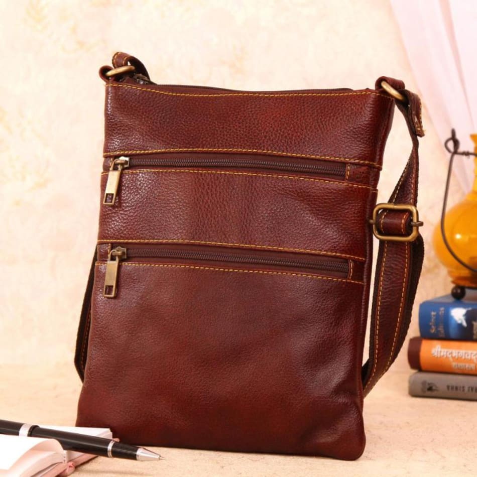 Genuine Leather Brown Shoulder Messenger Passport Bag Murse Sling Bag  Leather Bag Cross Body Bag Man Purse notebook bag size L (11) H (9) W (3)  gfv 78