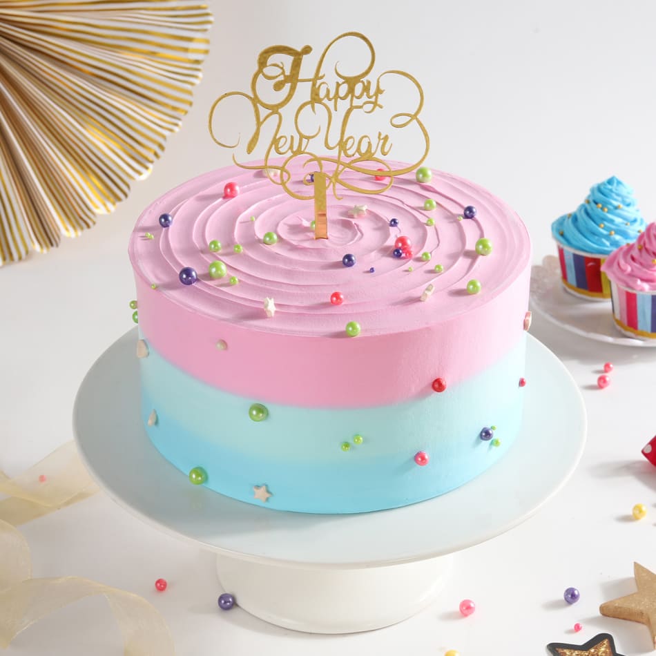 Build Online a Birthday Cake with Pink Roses on Blue for Your Party