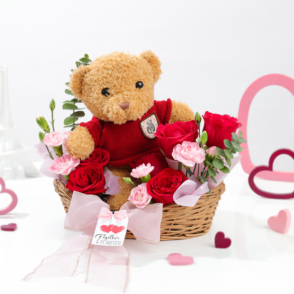 A  Bear Holding Valentines Teddy Bear And Flowers Bear Holding