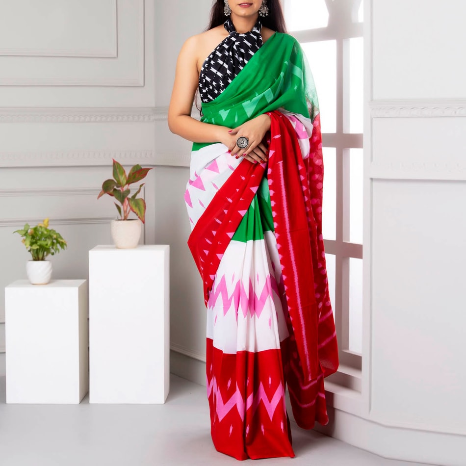 SOURBH Women's Art Silk Ikat Dyed Printed Saree with Blouse Piece (Cream,  Green) : Amazon.in: Fashion