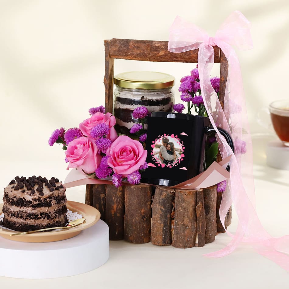 Birthday Cake Hamper of Pink Roses and Greeting Card @ Best Price |  Giftacrossindia