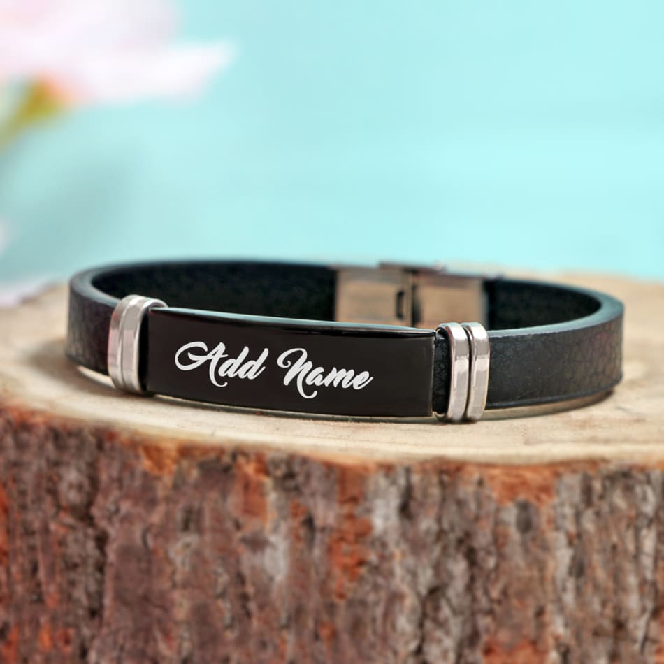 Personalized Leather Bracelet with Names - Mens Custom Leather Bracelet Blue