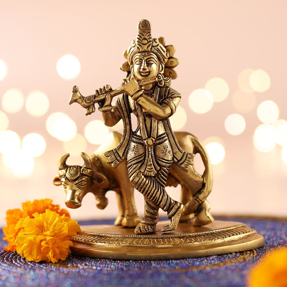 Lord Krishna Idol in Antique Gold Finish: Gift/Send Rakhi Gifts Online  J11132823 |IGP.com