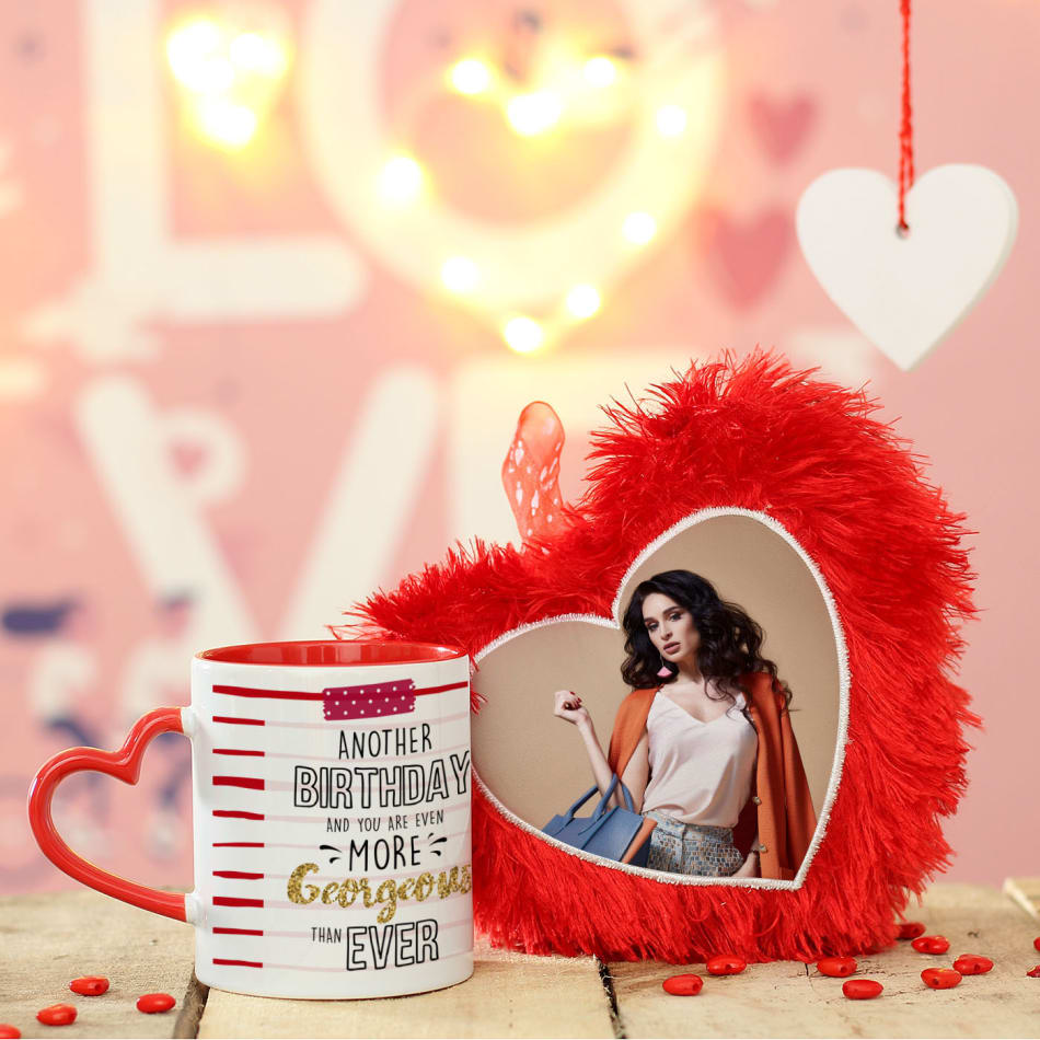 Personalized Heart Shaped Cushion with Mug Gift Send Home Gifts Online J11132609 IGP