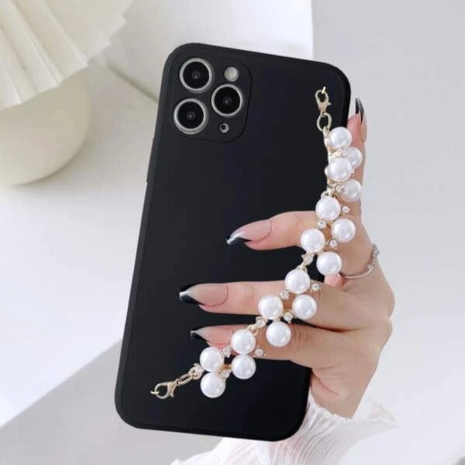 Phone case With Wrist Strap Chain Solid Black Faux Pearls Single Piece