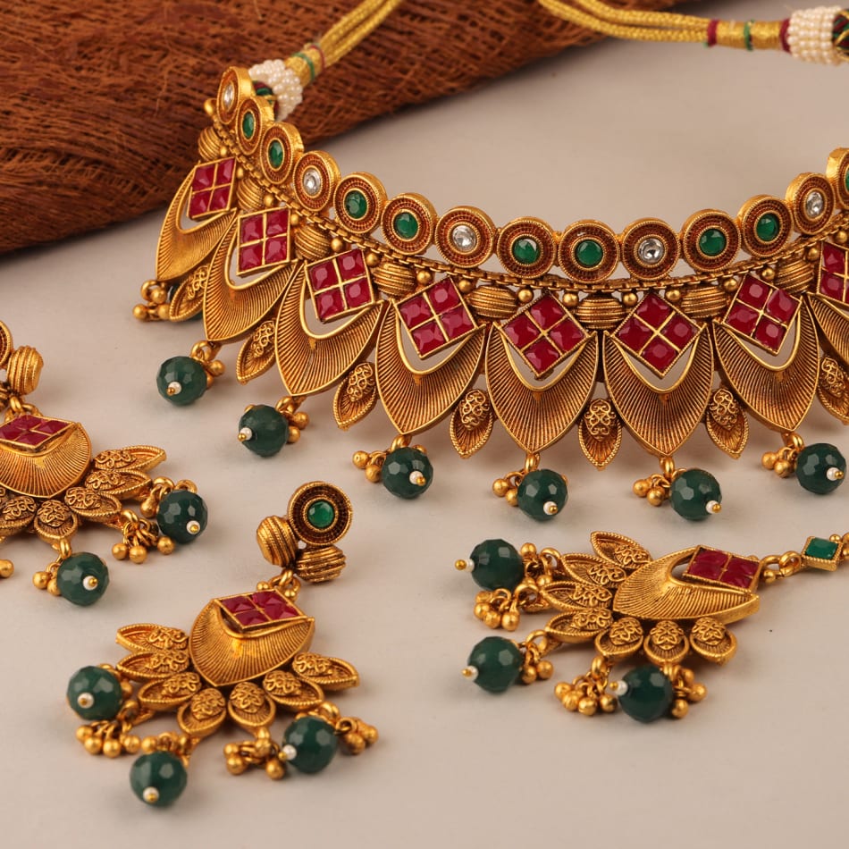 Tribal Antique Gold Necklace Set with Earrings – Gulab Jewelry