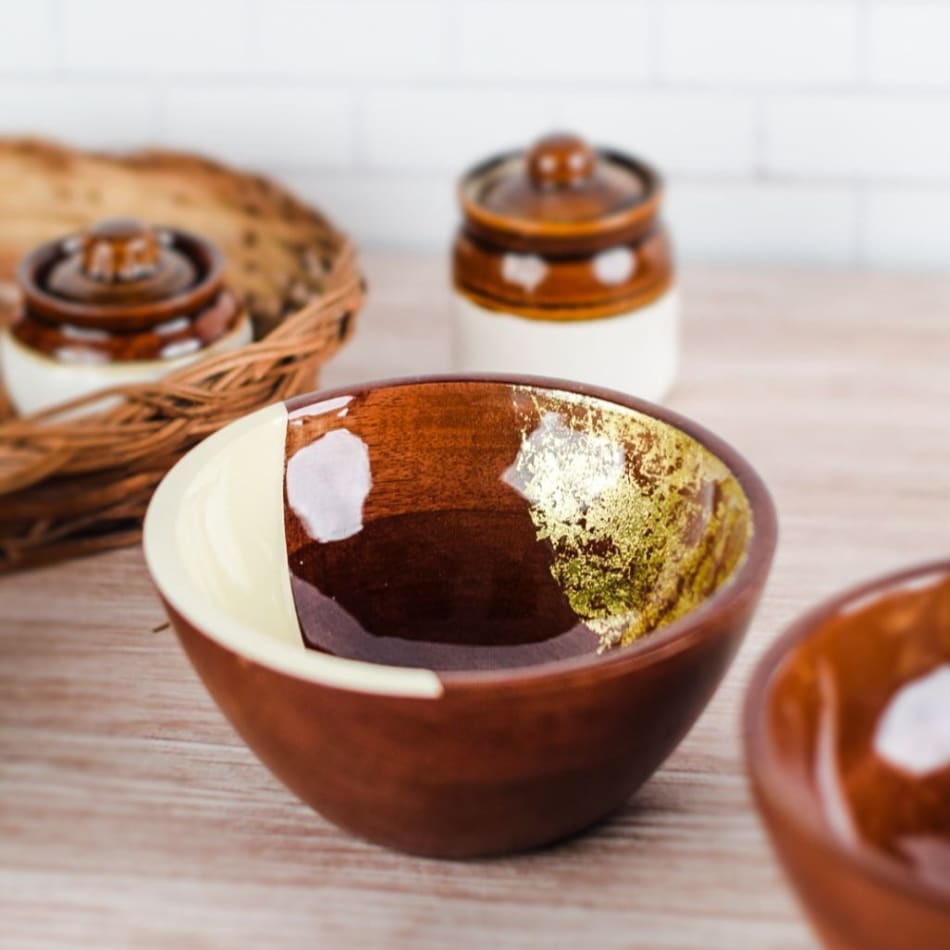 Buy/Send Serving Bowl Wooden Gold And White Single Piece