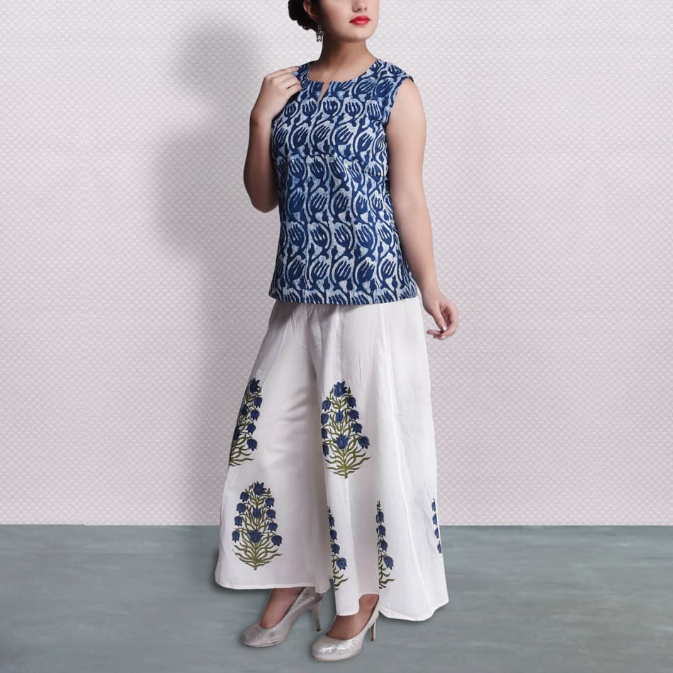 Sleeveless Indigo Blue Top with Block Print Palazzo: Gift/Send Fashion and Lifestyle Gifts Online J11054546 |IGP.com