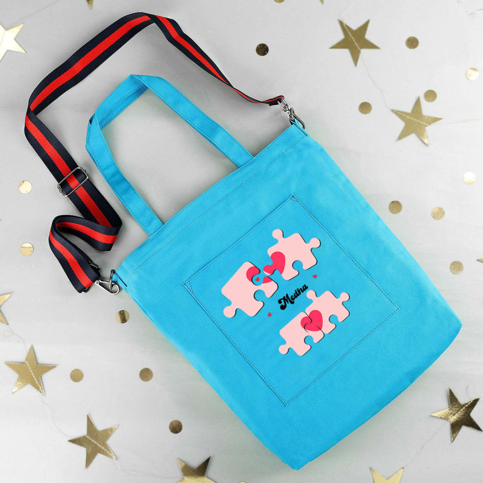 You Complete Me Personalized Canvas Tote Bag With Sling Pop Blue