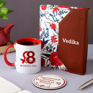 Coffee Mug And Coaster With Personalized Leather Diary For Women's Day