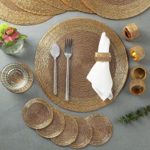 Round Charger Placemats With Coasters And Napkin Rings - Gold (Set of 6+6+6) Round Charger Placemats With Coasters And Napkin Rings - Gold (Set of 6+6+6)