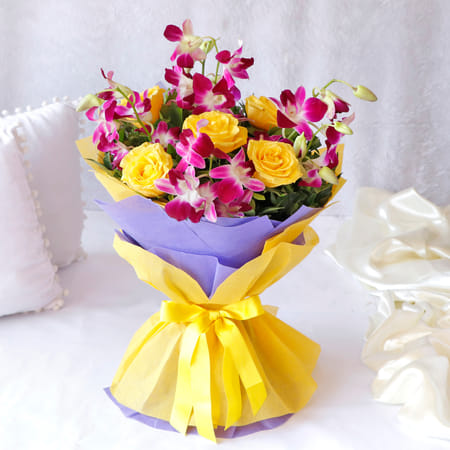 Beautiful Bouquet of Purple Orchids & Yellow Roses-picture-11