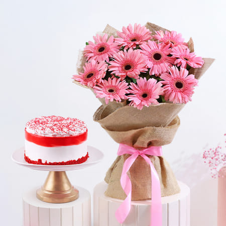 Blissful Red Velvet Cake With Pink Gerberas Bouquet-image-45