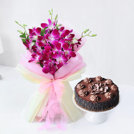 Decadent Chocolate Truffle Cake With Orchids Bouquet Combo
