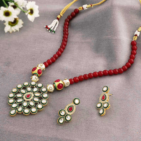 Designer Kundan Necklace Set with Red 