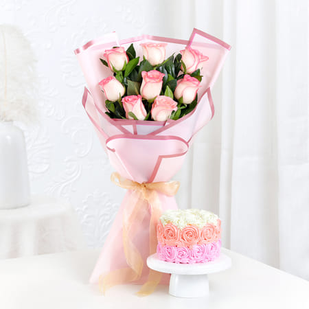 Enchanting Bliss - Pink Roses Bouquet With Mini Cake