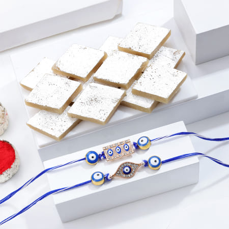 evil-eye rakhis and kaju katli combo