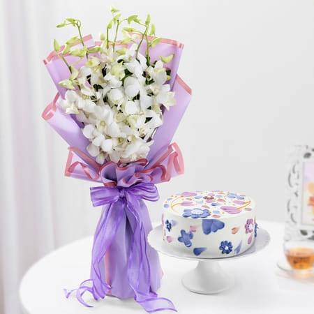 Floral Bliss Cake And Charming Orchids Bouquet Combo-picture-34