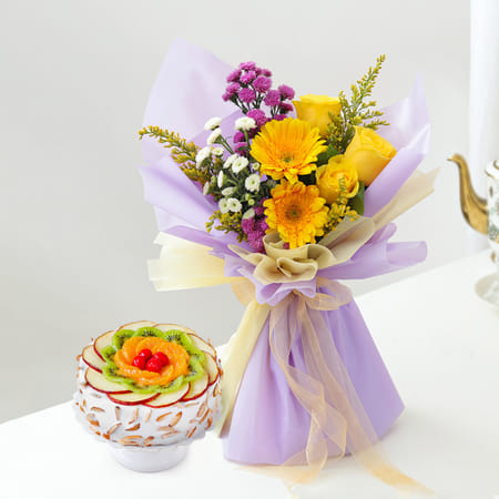 Fruit Burst Cake With Yellow Floral Mix Bouquet