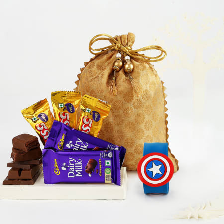 Express Rakhi Gifts | Assorted Cadbury Chocolates with Twin Rudraksha Rakhi  | Free Shipping