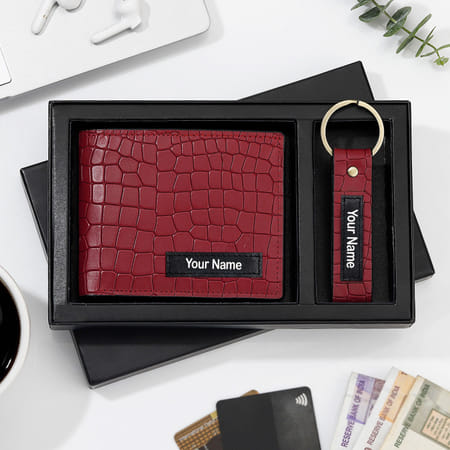 Genuine Leather Personalized Red Wallet And Keychain Combo-image-7