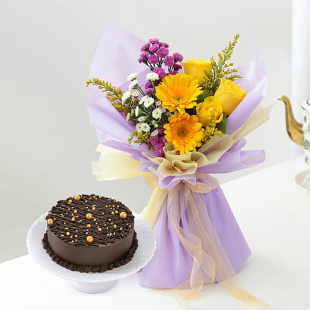 Golden Bloom And Midnight Truffle Cake Combo