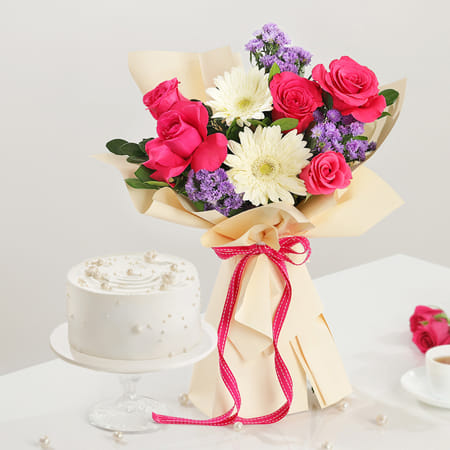 Graceful Blooms And Pearl Cake Combo