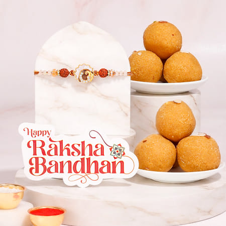 Lord Ganesha CZ Stones Rakhi And Besan Laddoo Combo-picture-14