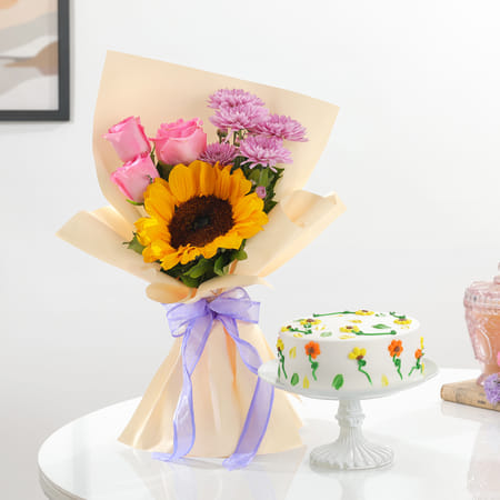 Lovely Sunflower Bouquet And Cake Combo