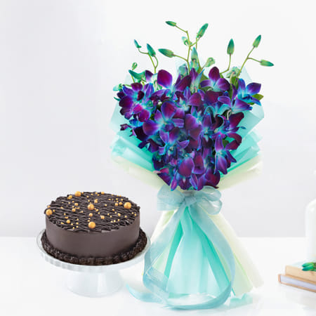 Midnight Truffle Cake And Blue Orchids Bouquet Combo-picture-13
