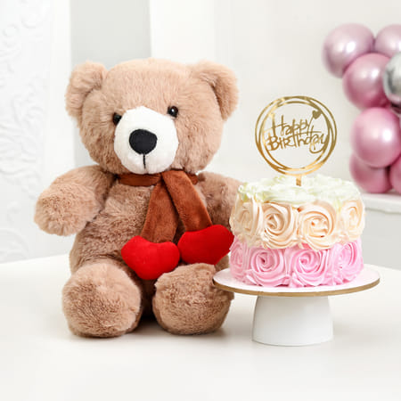 Muffler Teddy And Ombre Rose Cake Birthday Surprise-image-3