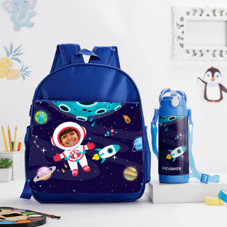 Personalized Astronaut School Bag And Water Bottle Combo- Blue-picture-46