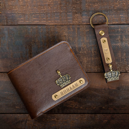 Personalized Classic PU Leather Wallet And Keychain Combo - Dark Brown-image-4
