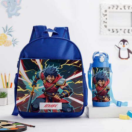 Personalized Warrior Caricature School Bag And Water Bottle Combo- Blue-picture-16