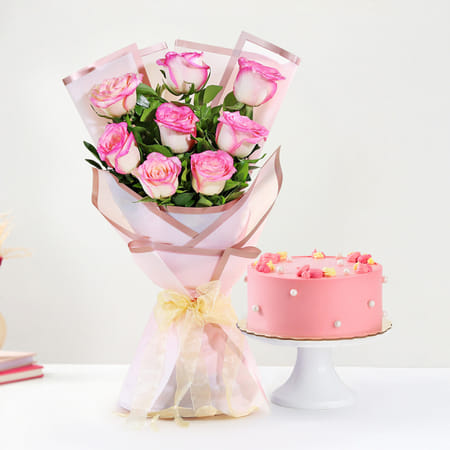 Pink Bliss Cake And Jumilia Rose Bouquet Combo-picture-47