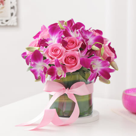 Purple Orchids & Pink Roses In Round Vase-picture-47