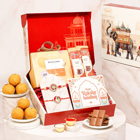 Red Meenakari Rakhis And Sweets Hamper-picture-39