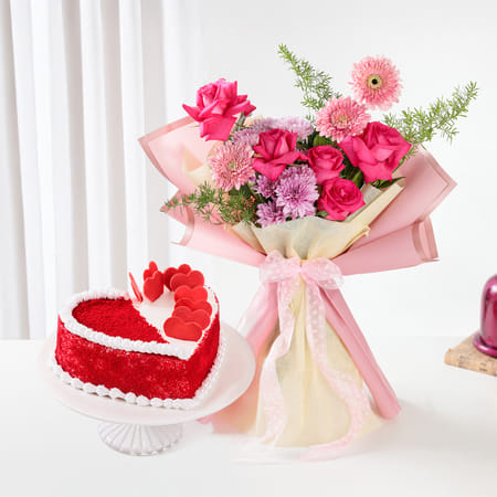 Red Velvet Heart Cake With Floral Mix Bouquet