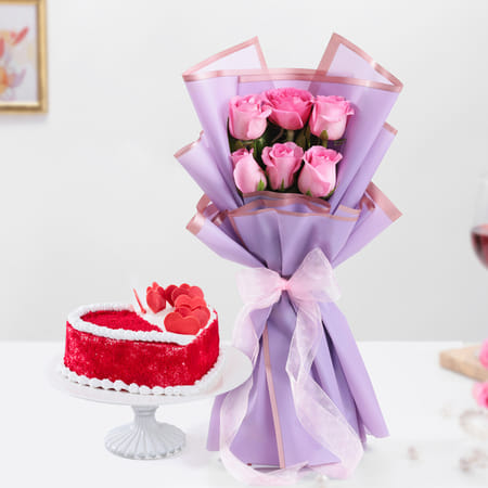 Red Velvet Heart Cake With Pink Rose Bouquet-picture-49