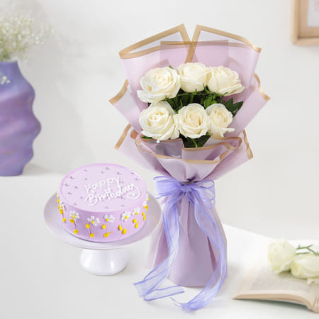 Roses Bouquet And Birthday Cake Gift Combo