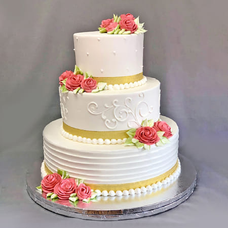 Roses with Pearls and Golden Lace Fondant Wedding Cake (5 Kg)-image-49