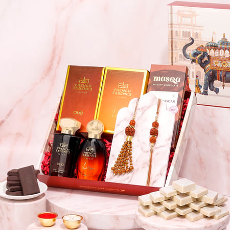Rudraksha And Pearlwork Bhaiya Bhabhi Rakhi Hamper-picture-25