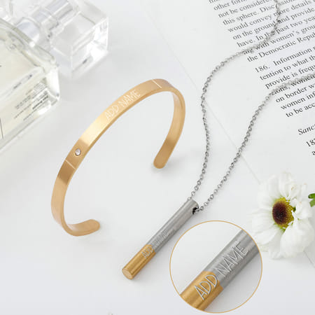 Shinning Grace - Personalized Two Tone Pendant Chain And Cuff Bracelet Set-picture-21