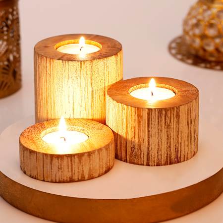 Tea-light Candles with Wooden Pillar Holders
