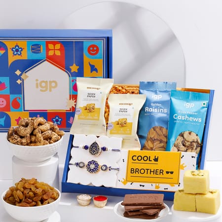 Thewa Kundan Rakhis And Sweets Hamper-image-7