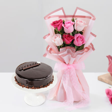 Truffle Delight Cake With Elegant Roses Bouquet