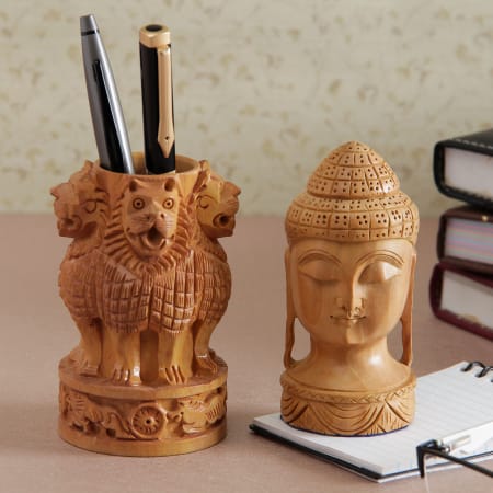 Wooden Carved Ashoka Stambh Pen Stand with Buddha Showpiece