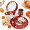 Alluring Swastik Karwa Chauth Red Pooja Thali Hamper Online