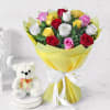 Assorted Roses Bouquet with Teddy Bear Online